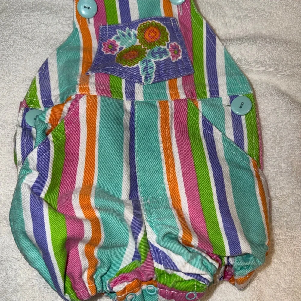 Vintage 90s Baby Girl Overalls Colorful Striped Flower Pockets Shortalls Cotton